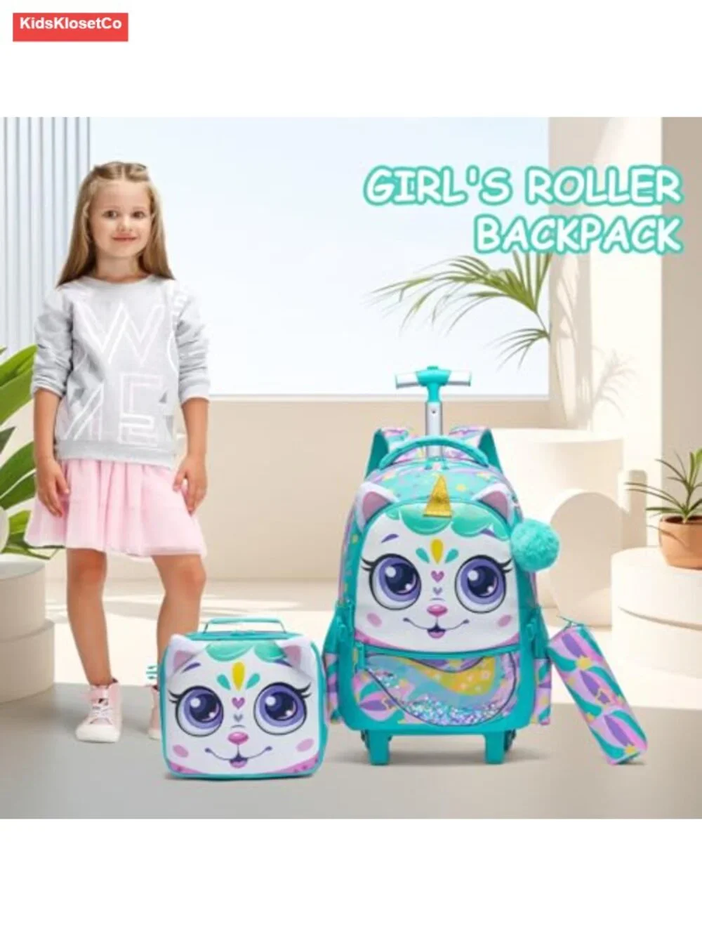Kids Rolling Backpack with Wheels 3-Piece Set Trolley Luggage for Girls School